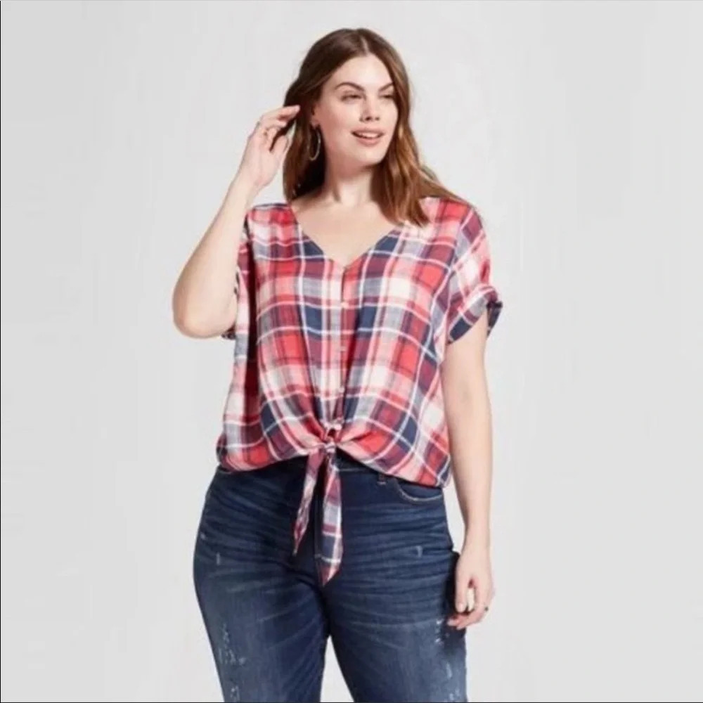Target Universal Thread Plaid Tie Front Blouse Top Plus Size 0X